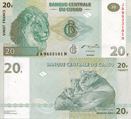 Congo Democratic Republic 20 Francs Pick Number: 94A UNC Banknote