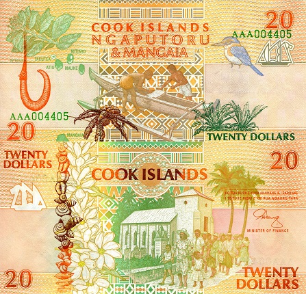 Cook Islands 20 Dollars Pick Number: 9 UNC Banknote