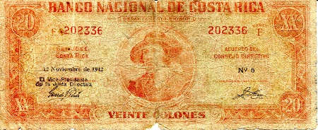Costa Rica 20 Colones Pick Number: 202b G/Poor (See large scan) Banknote