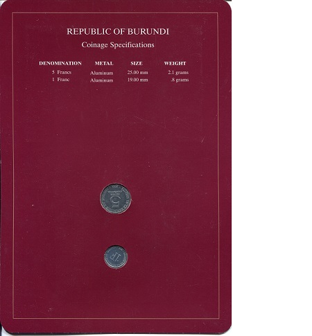 Burundi 1-5  Francs UNC (Board may have some wear - see large scan) Coin