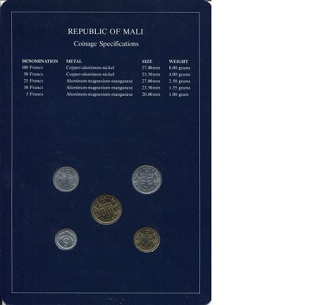 Mali 5 - 100 Francs UNC (Board may have some wear) Coin