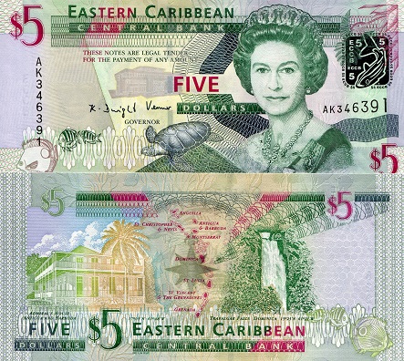 Eastern Caribbean States 5 Dollars Pick Number: 47 UNC Banknote