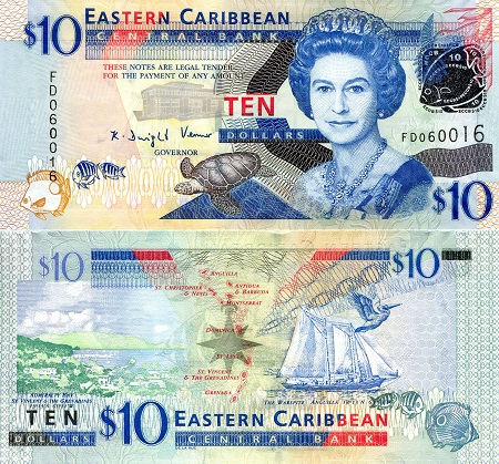Eastern Caribbean States 10 Dollars Pick Number: 48 aUNC (rough top edge) Banknote