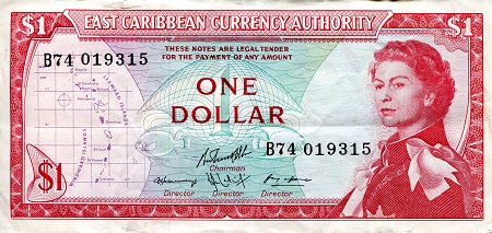 Eastern Caribbean States 1 Dollar Pick Number: 13c10 VF (rough edges) Banknote