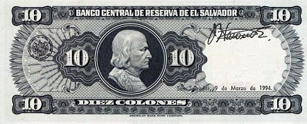 El Salvador 10 Colones aUNC (see large scan) pick #: 135b