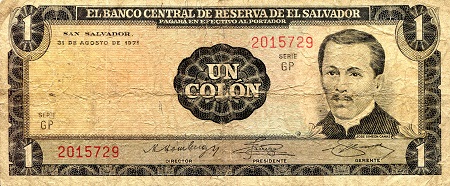 El Salvador 1 Colon Pick Number: 115 VG (see large scan) Banknote