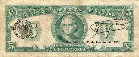 El Salvador 5 Colones VG (See large scan) pick #: 102a