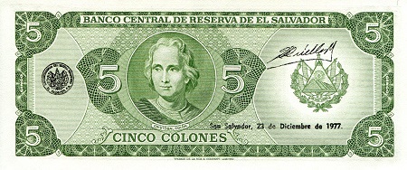 El Salvador 5 Colones aUNC (Minor Marks) pick #: 126