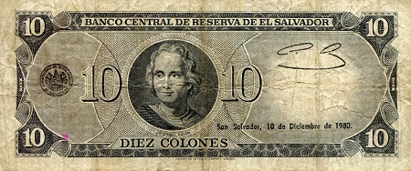 El Salvador 10 Colones F/VG (see large scan) pick #: 129b