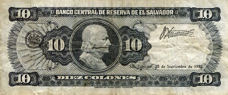 El Salvador 10 Colones F/VG (see large scan) pick #: 135a