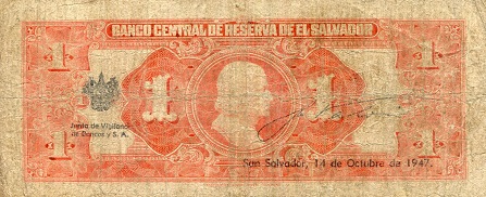 El Salvador 1 Colon  VG (see large scan) pick #: 83a