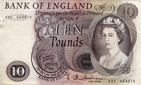 England 10 Pounds Pick Number: 376a XF (see large scan) Banknote