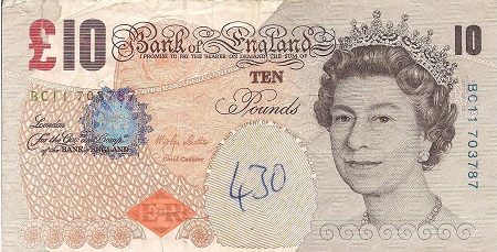 England 10 Pound Pick Number: 389b VG (See large scan) Banknote