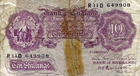 England 10 Shillings Pick Number: 362c G (tape residue) Banknote
