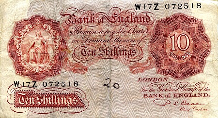 England 10 Shillings Pick Number: 368b VG (see scan) Written on Banknote