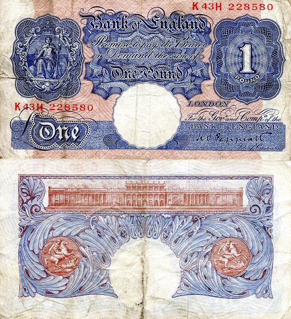 England 1 Pound Pick Number: 367a VG (see scan) Banknote