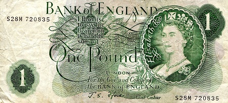 England 1 Pound Pick Number: 374e VG (written on /tear) Banknote