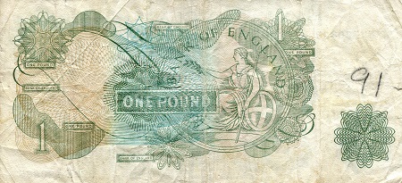 England 1 Pound VG (written on /tear) pick #: 374e