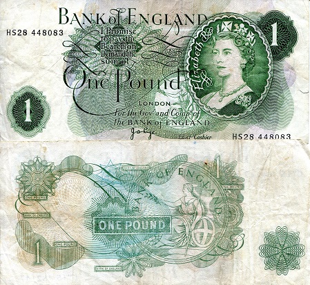 England 1 Pound Pick Number: 374g F/VG (see large scan) Banknote