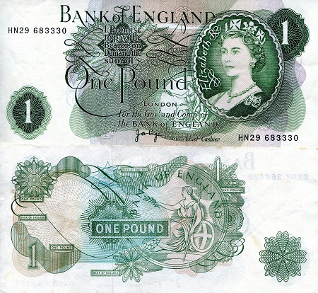 England 1 Pound Pick Number: 374g XF (see large scan) Banknote