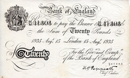 England 20 Pound Pick Number: 337a F (see scan) Very Thin Paper Banknote