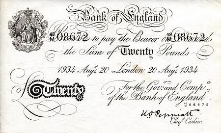 England 20 Pound Pick Number: 337a F (see scan) Very Thin Paper Banknote