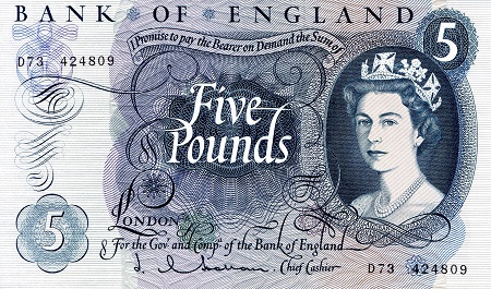 England 5 Pound Pick Number: 375a XF/VF (see scan Banknote