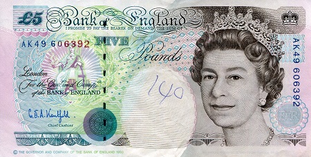 England 5 Pounds Pick Number: 382Aa VF (see large scan - writing) Banknote