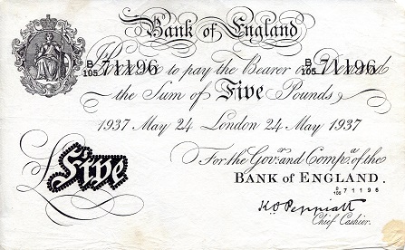 England 5 Pound Pick Number: 335a F (see scan) Very Thin Paper Banknote