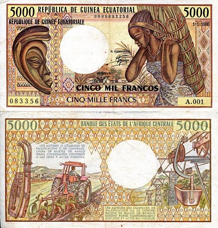 Equatorial Guinea 5,000 Francs Pick Number: 22b VF/F (see large scan) Banknote