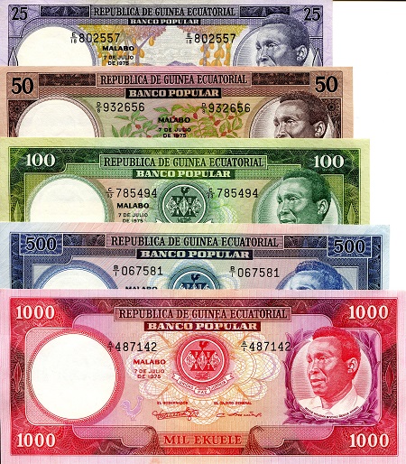 Equatorial Guinea 25 - 1,000 Ekuele Pick Number: 7 - 11 aUNC Banknote