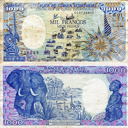 Equatorial Guinea 1,000 Francs Pick Number: 21 F/VG (see large scan) Banknote