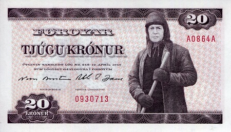 Faeroe Islands 20 Kronur Pick Number: 19a UNC Banknote