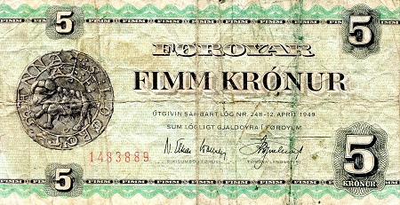 Faeroe Islands 5 Kronur Pick Number: 13b VG (see large scan) Banknote