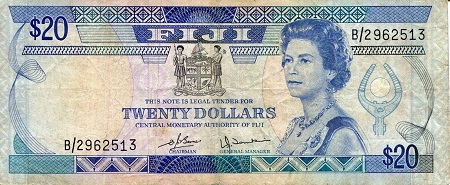 Fiji 20 Dollars Pick Number: 80a VG (See large scan) Banknote