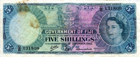 Fiji 5 Shillings Pick Number: 51c F (see large scan) Dirt Marks Banknote