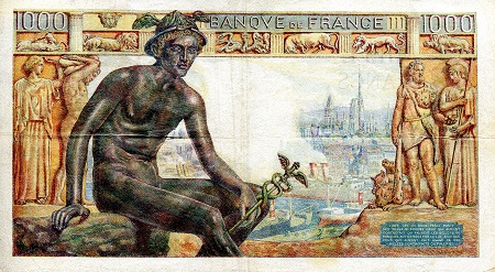 France 1000 Mille Francs VF (see large scan) Staple Holes - Very thin paper pick #: 102