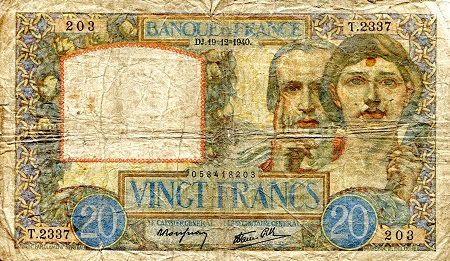 France 20 Francs Pick Number: 92b VG/G (tears, holes Banknote