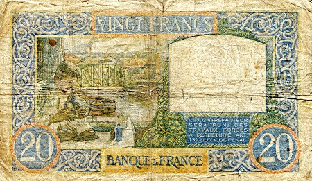 France 20 Francs VG/G (tears, holes pick #: 92b
