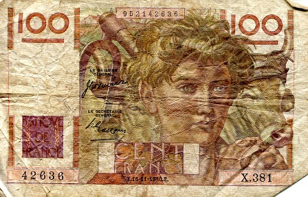 France 100 Francs Pick Number: 128c VG/G (Lots of little pin holes through note) Banknote