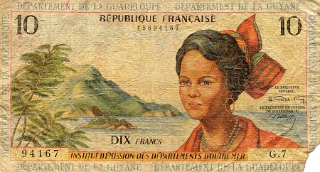 French Antilles 10 Francs Pick Number: 8b G (see large scan) Corner missing Banknote