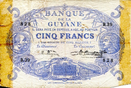 French Guiana 5 Francs Pick Number: 1d ? G - see scan (tears and holes in no Banknote