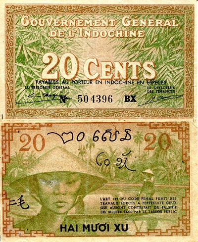 French Indochina 20 Cents Pick Number: 86d VF/F (see large scan) Banknote