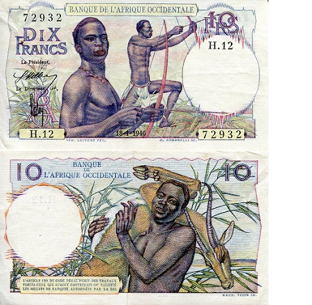 French West Africa 10 Francs Pick Number: 37 VF (pin holes - see large scan) Banknote
