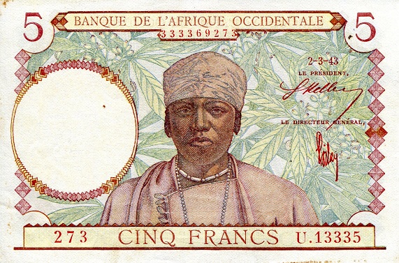 French West Africa 5 Francs Pick Number: 26 VF Banknote