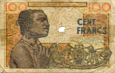 French West Africa  100 Francs G (see large scan - hole) pick #: 46b