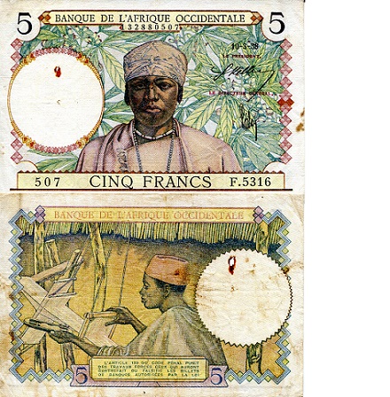 French West Africa 5 Francs Pick Number: 21 VG (Small holes) Banknote