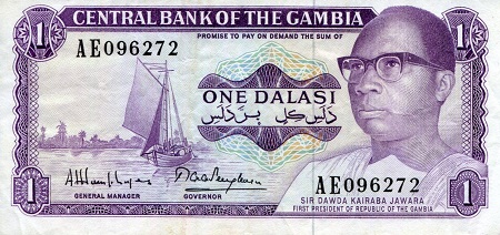 Gambia 1 Dalasi VF+ (see large scan) pick #: 4g