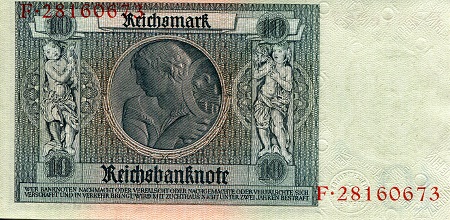 Germany 10 Reichmarks XF-/VF+ (see large scan) pick #: 180a