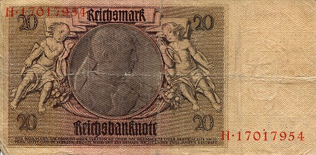 Germany 20 Reichmarks G (pieces tapes together) pick #: 181a
